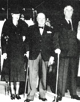 First Lady Eleanor Roosevelt, Winston Churchill and President Franklin D. Roosevelt prepare to leave the White House for Christmas services at Foundry Methodist Church in this 1941 photo. Photo courtesy of Foundry United Methodist Church/Acme Photos.