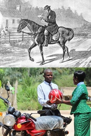 The first circuit riders traveled on horseback. United Methodist pastors today sometimes ride motorcycles. Top image courtesy of the United Methoidst General Commission on Archives and History. Lower photo by E Julu Swen, United Methodist Communications.