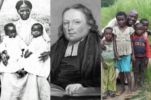 Missions in the Methodist Episcopal Church were started by Thomas Coke (c) and passed on through missionaries such as Susan Angeline Collins (l) and Alfred Zigbuo (r). Photo illustration by Vicki Brown, United Methodist Communications.