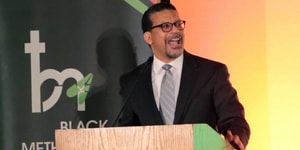 The Rev. Antoine “Tony” Love, vice chairman of the Black Methodists for Church Renewal, delivers a keynote address during the opening plenary session of the March 14-17 BMCR meeting in Sacramento, California. Photo courtesy of the Rev. Love.