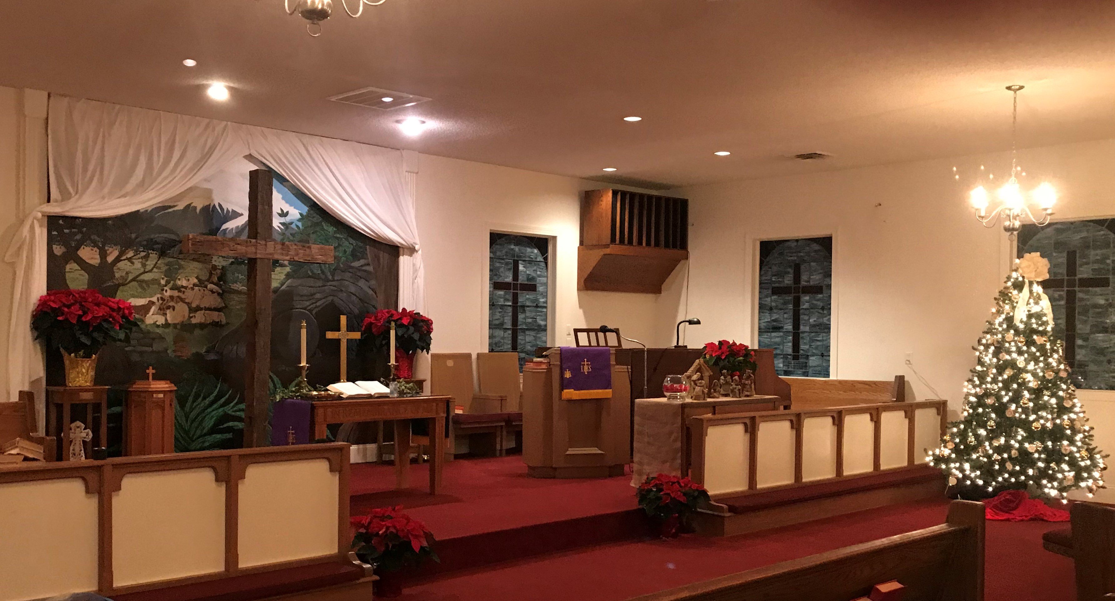 The sanctuary at Sandy Ridge United Methodist Church in High Point, North Carolina, is decorated for Advent.