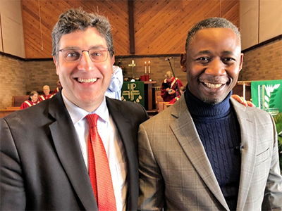 The Revs Dean Prentiss (left) and Banza Mukalay lead worship at Wesley Park UMC. An English-speaking service on Sunday morning; a Swahili-speaking service Sunday afternoon. ~ Photo courtesy Dean Prentiss