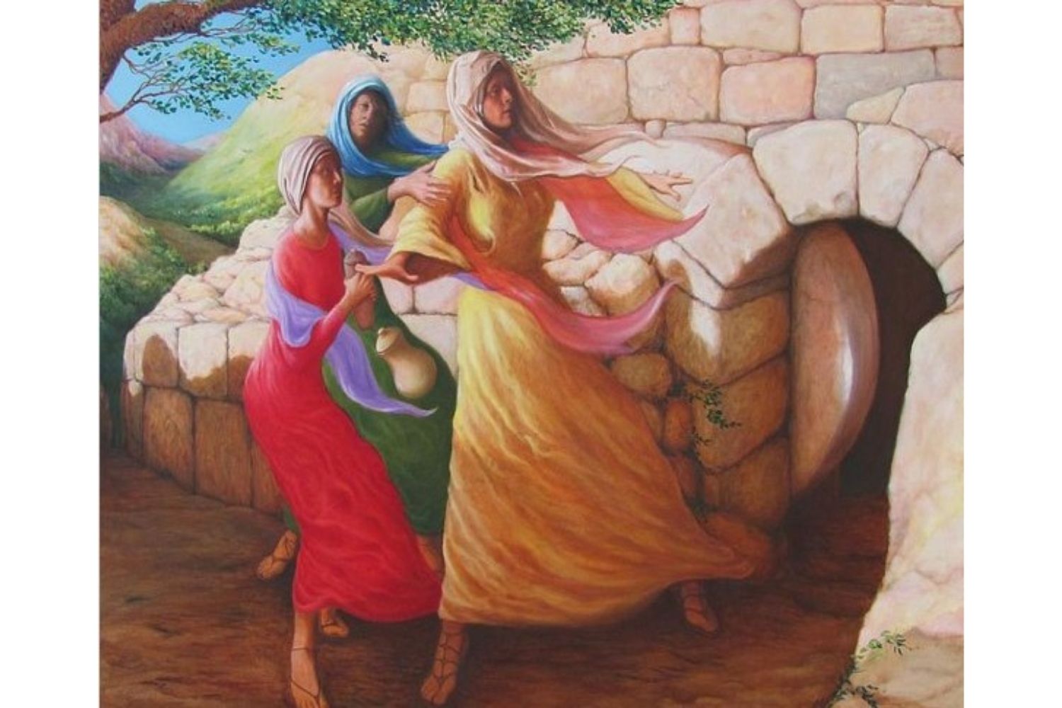 Mary Magdalene discovering the empty tomb by Herschel Pollard, Ph.D. Permission granted for use by artist, 2021. Pollard is a former staff member of the Television Radio and Film Commission of the Methodist Church, a predecessor agency to United Methodist Communications.