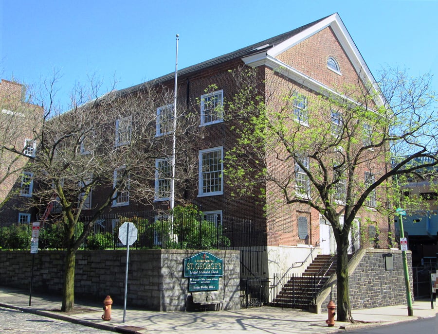 St. George's United Methodist Church, at the corner of 4th and New Streets, in the Old City neighborhood of Philadelphia, is the oldest Methodist church in continuous use in the United States, beginning in 1769. Photo courtesy of Wikimedia Commons.