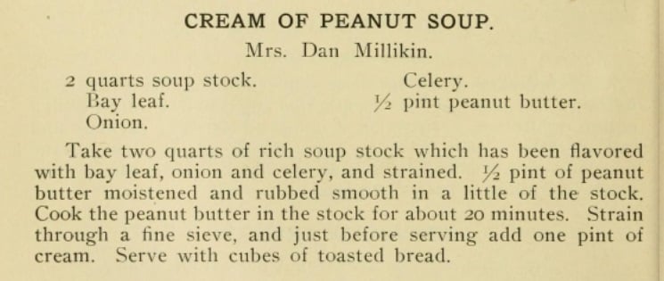 Image shows recipe card for cream of peanut soup from the Hamilton Cookbook 1914