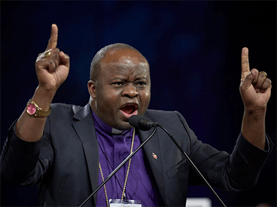 Bishop Mande Muyombo, resident bishop of the North Katanga Area, speaks to the opening session of the 2019 special General Conference. Now Connectional Table chair, Muyombo guided the leadership body through a discussion of its proposal to reduce its membership. File photo by Paul Jeffrey, UM News.